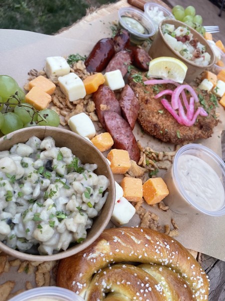 Share platter with pretzel, schnitzel, and spaetzle